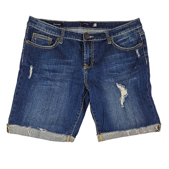Vigoss Bermuda Jean Short Embroidered Denim Stretch Distressed Blue Frayed L 13 - Picture 2 of 11